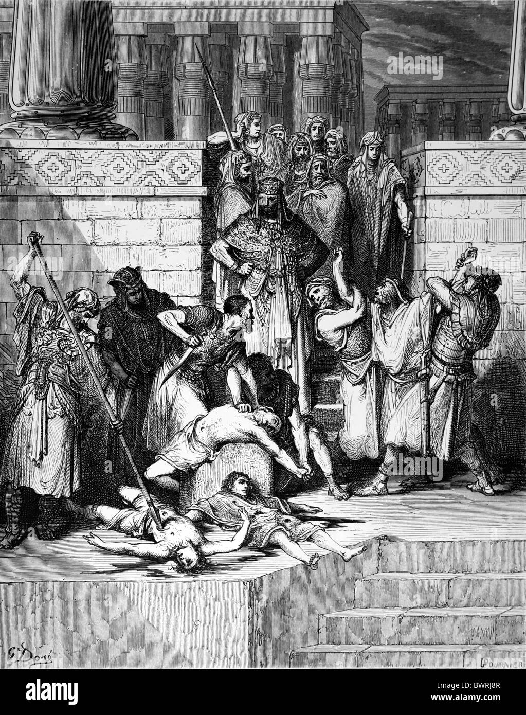 Gustave Doré ; l'abattage des fils de Sédécias, par le roi de Babylone (2 Rois Ch 25 v1-7) ; La gravure en noir et blanc Banque D'Images