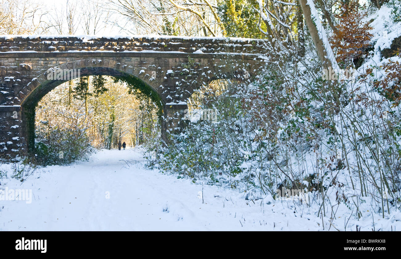 Couple marche loin de prendre une marche d'une seule ligne ferroviaire désaffectée maintenant utilisé comme un sentier après une chute de neige. Banque D'Images