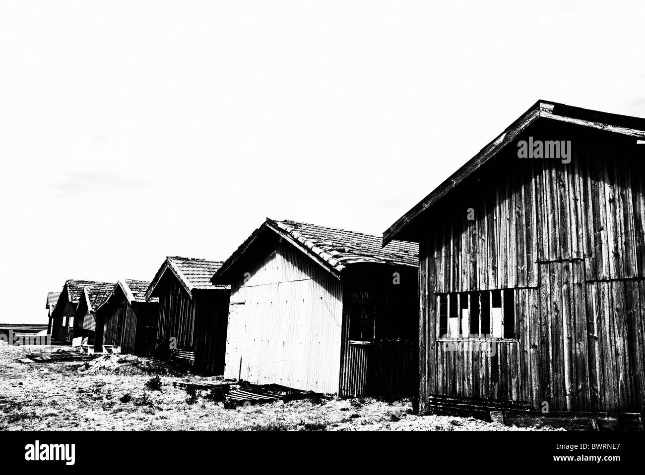 L'élevage d'huîtres cabanes à Laramos Port sur bassin d'Arcachon, France. Banque D'Images
