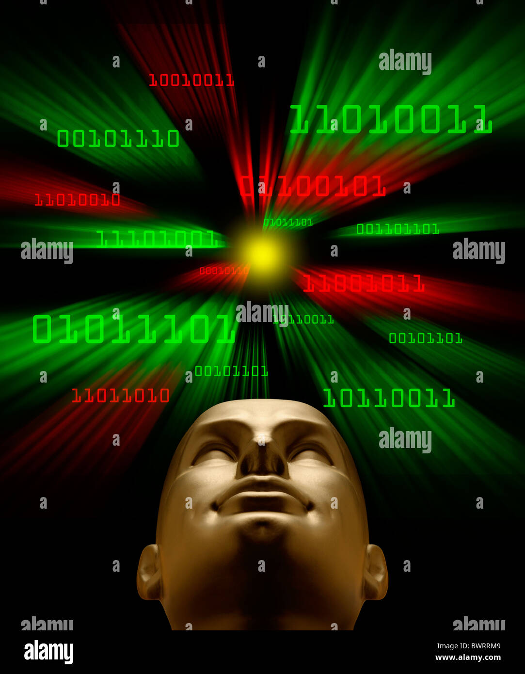 L'intelligence artificielle comme l'évoque le code binaire vert et rouge voler dans un vortex vers une tête d'Android Banque D'Images