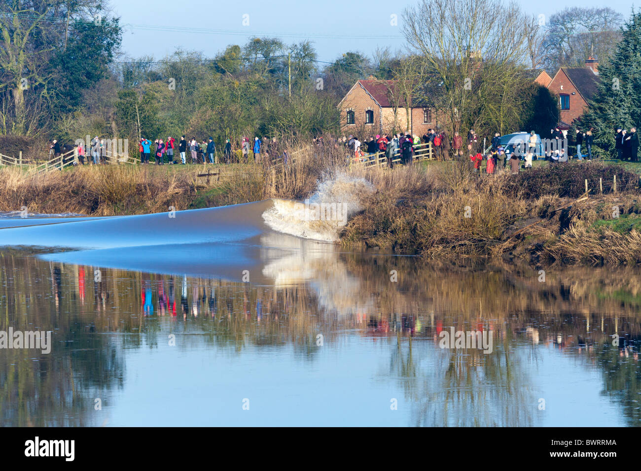 Les gens qui regardent l'alésage du bras Severn se briser contre la berge à Minsterworth, Gloucestershire sur 1/3/2010 Banque D'Images