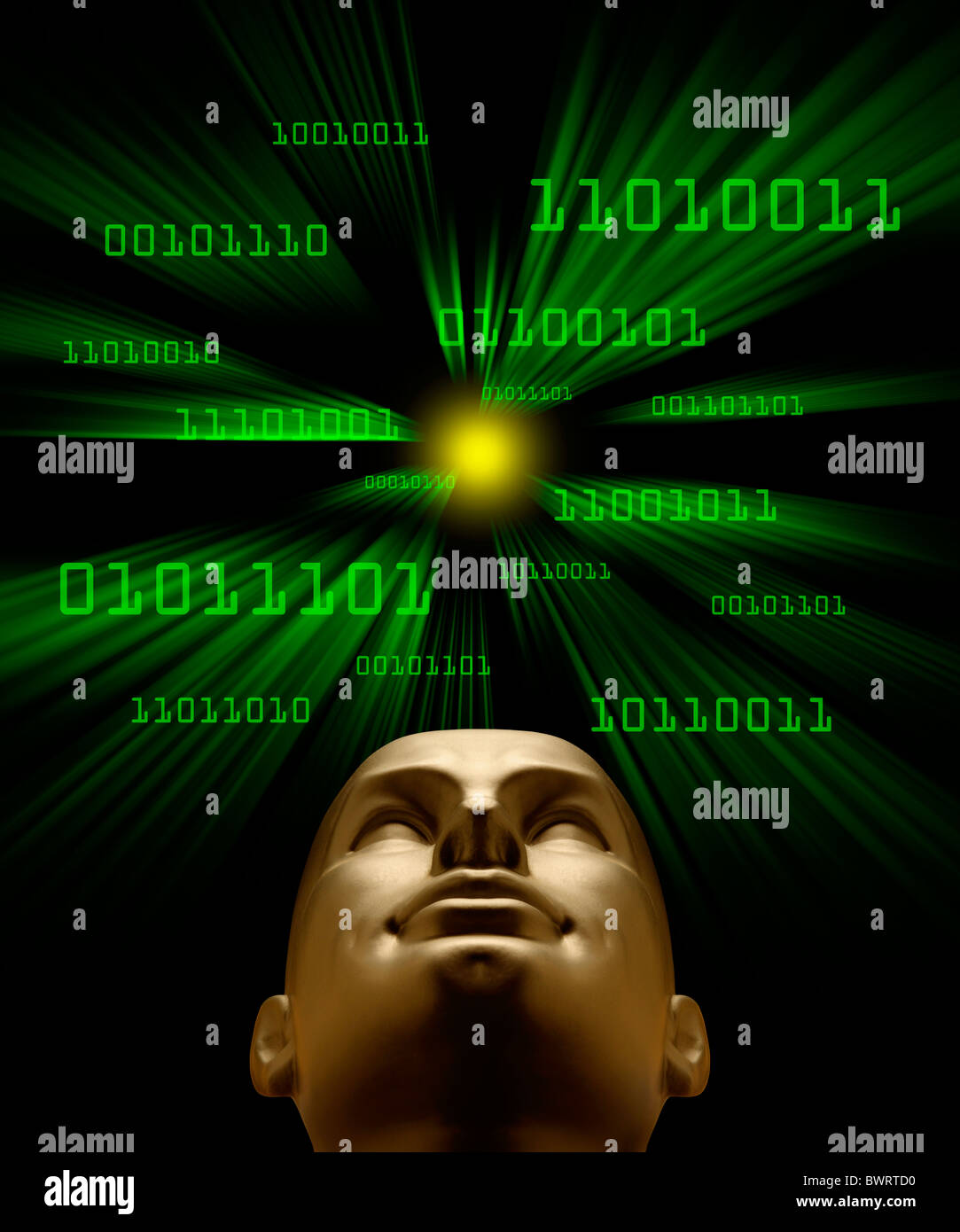 L'intelligence artificielle comme l'évoque le code binaire verte voler dans un vortex vers une tête d'Android Banque D'Images
