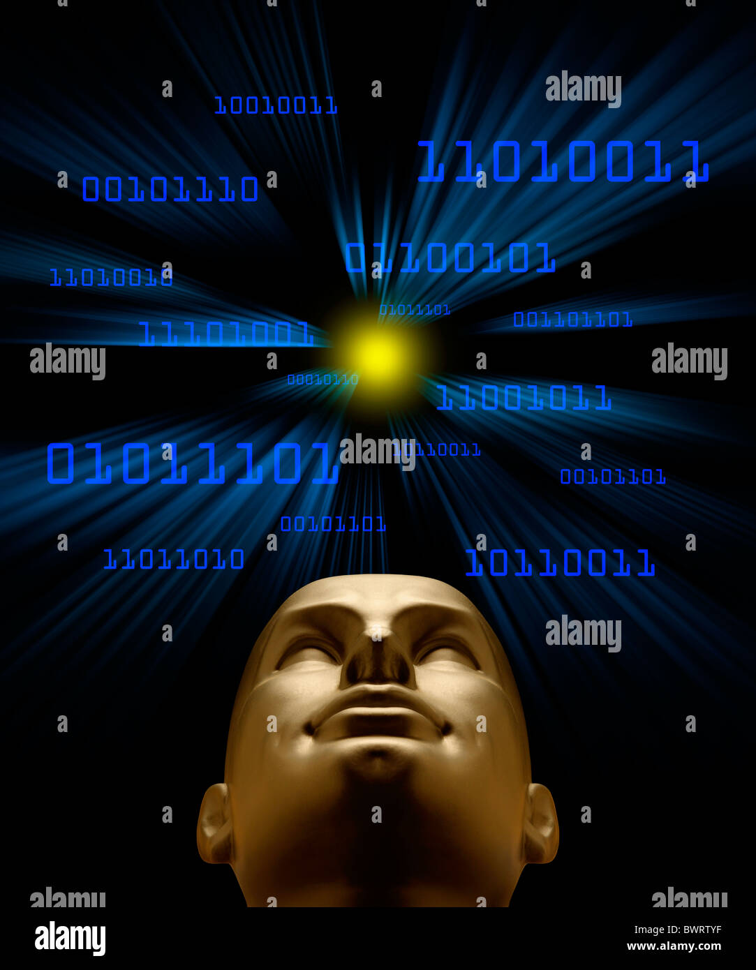 L'intelligence artificielle comme l'évoque le code binaire bleu volant dans un vortex vers une tête d'Android Banque D'Images