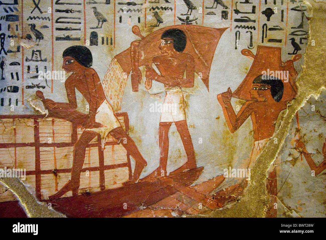 Détail d'une peinture de l'Égypte ancienne au musée du Louvre, Paris, France Banque D'Images