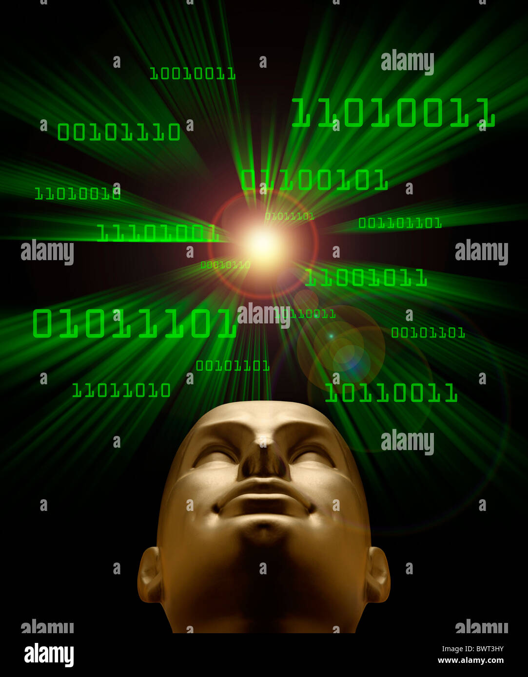 L'intelligence artificielle comme l'évoque le code binaire verte voler dans un vortex vers une tête d'Android Banque D'Images