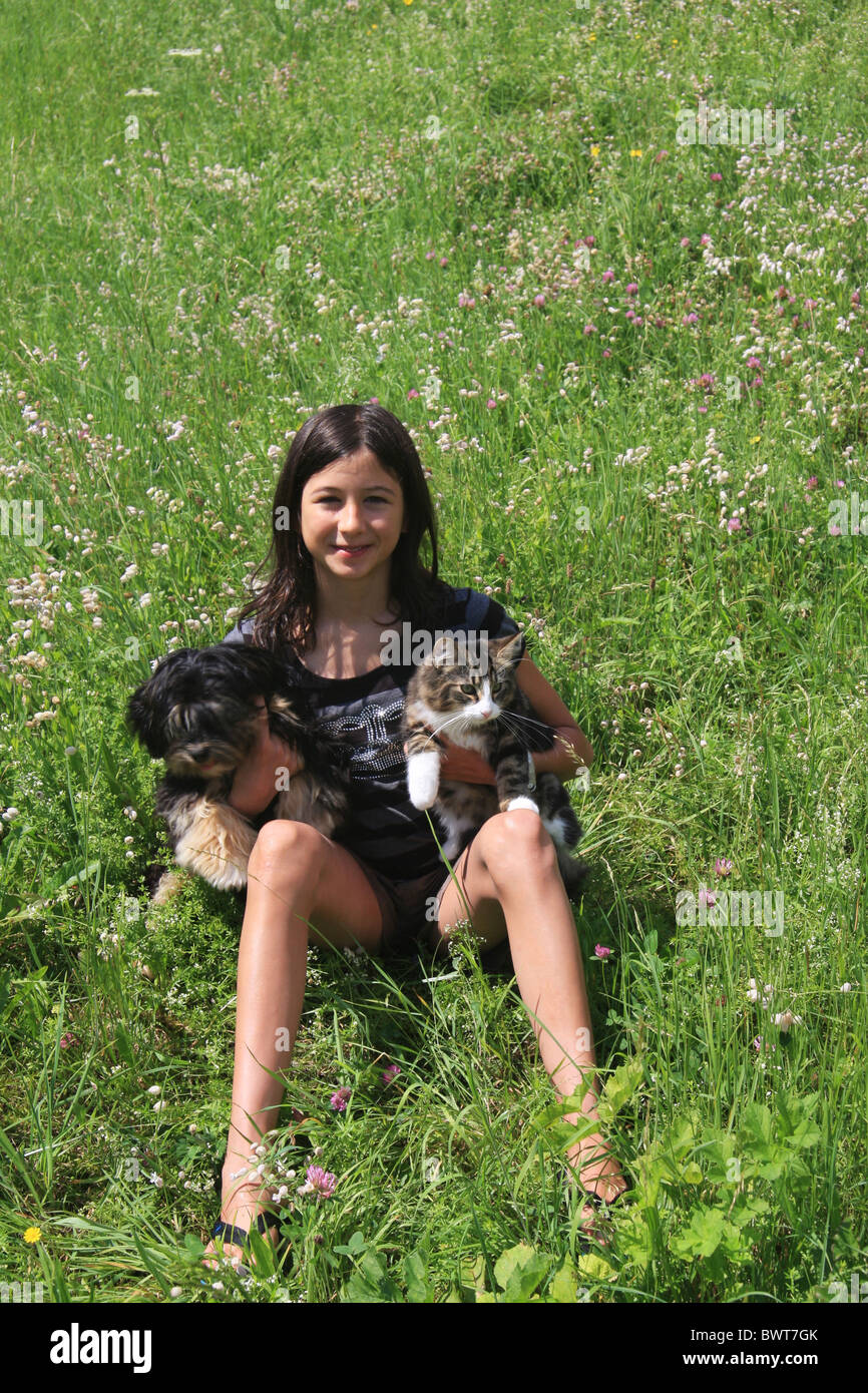 Adolescente de fille s'asseoir faire assis jouant l'exercice prairie dog Havanais cat chat norvégien Skogkatt pl Banque D'Images