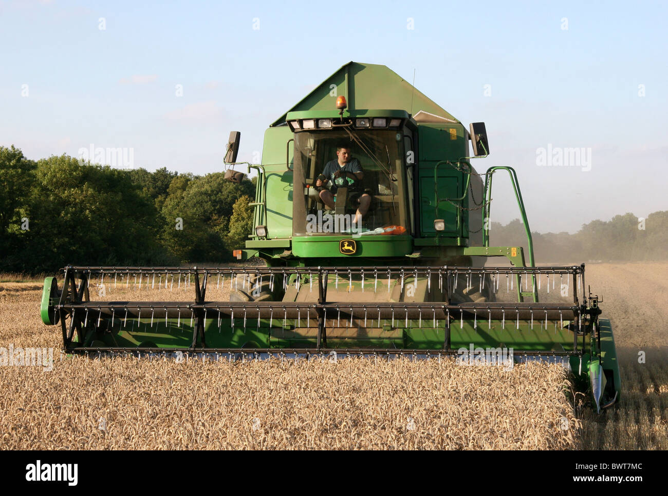 Moissonneuse-batteuse John Deer coupant la récolte dans un champ Dans l'Essex Banque D'Images