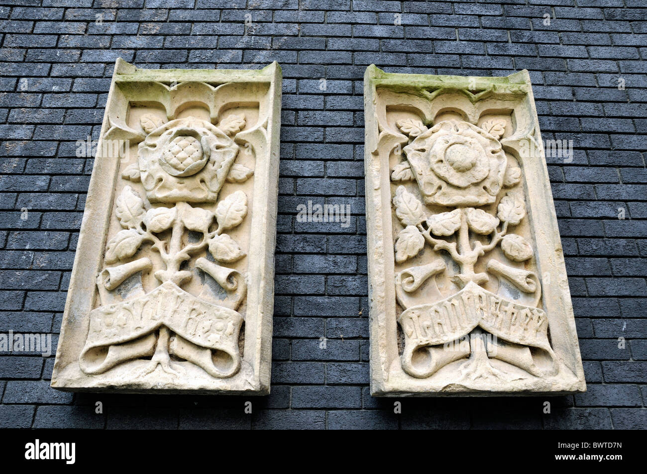 Plaques de pierre dépeignant les roses d'York et de Lancaster dans le jardin du Collège royal des médecins London England UK Banque D'Images