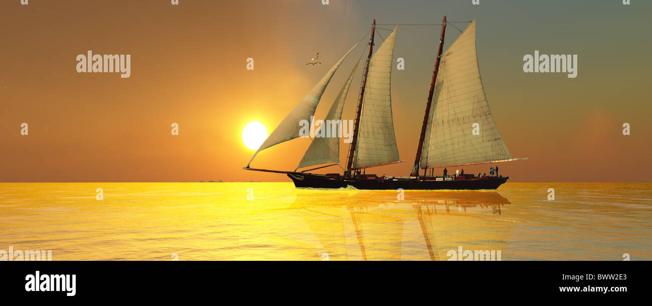 Un beau navire à voile passe le soleil glorieux. Banque D'Images