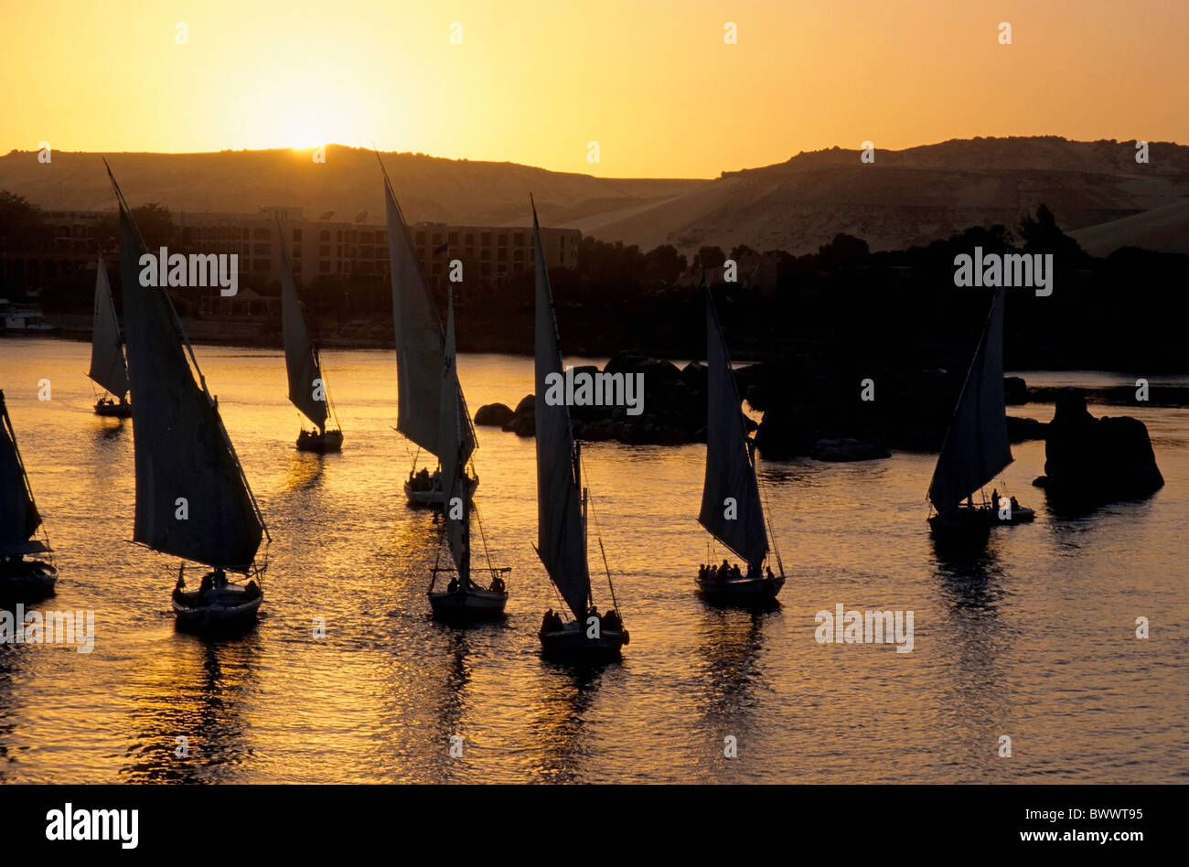 Nil, Égypte - felouques naviguant sur le Nil au coucher du soleil / crépuscule, Assouan, Egypte. Banque D'Images