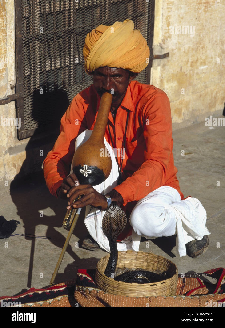 Asie Inde outil instrument s'agenouiller homme panier cobra snake charmer à Rajasthan Banque D'Images