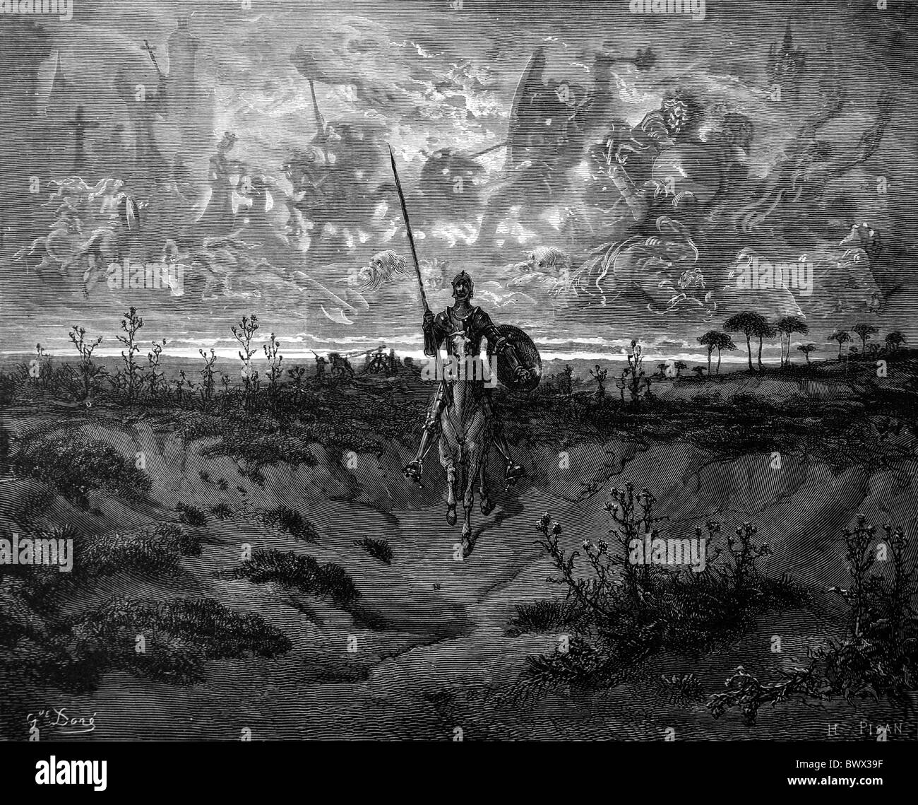 Don Quichote sur son illustration d'aventures du roman de Miguel de Cervantes; Gravure noire et blanche de Gustave Doré. Banque D'Images