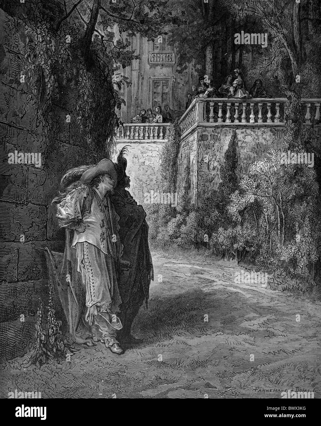 Gustave Doré ; le renard et les raisins de les Fables de Jean de la fontaine ; la gravure en noir et blanc Banque D'Images