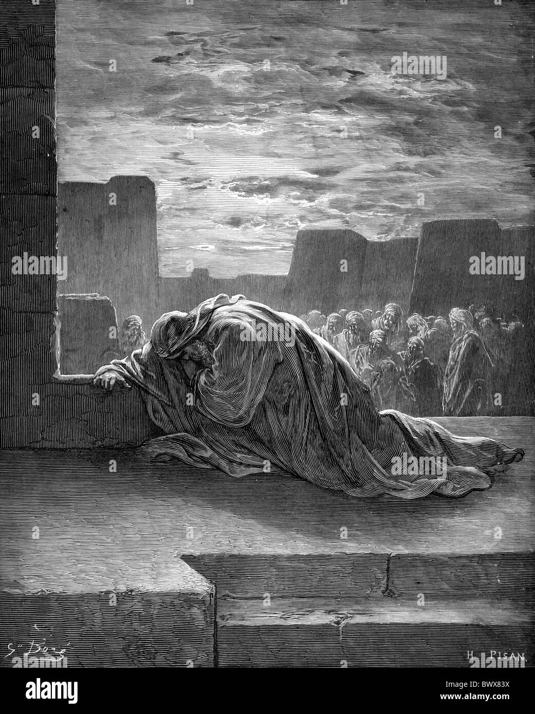 Gustave Doré ; le Prophète Ezra dans la prière ; la gravure en noir et blanc Banque D'Images