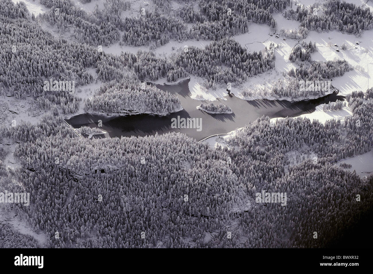 Le lac de la forêt d'hiver mer paysage photo aérienne Suisse Europe Chapfensee forêt bois Banque D'Images