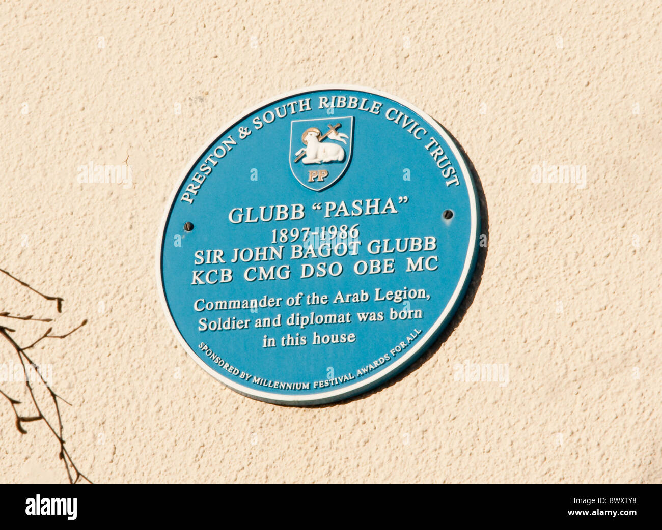 Blue plaque marquant le lieu de naissance de Sir John Glubb Glubb Pacha, connu sous le nom, fondateur de la Légion arabe, à Preston, Lancashire Banque D'Images