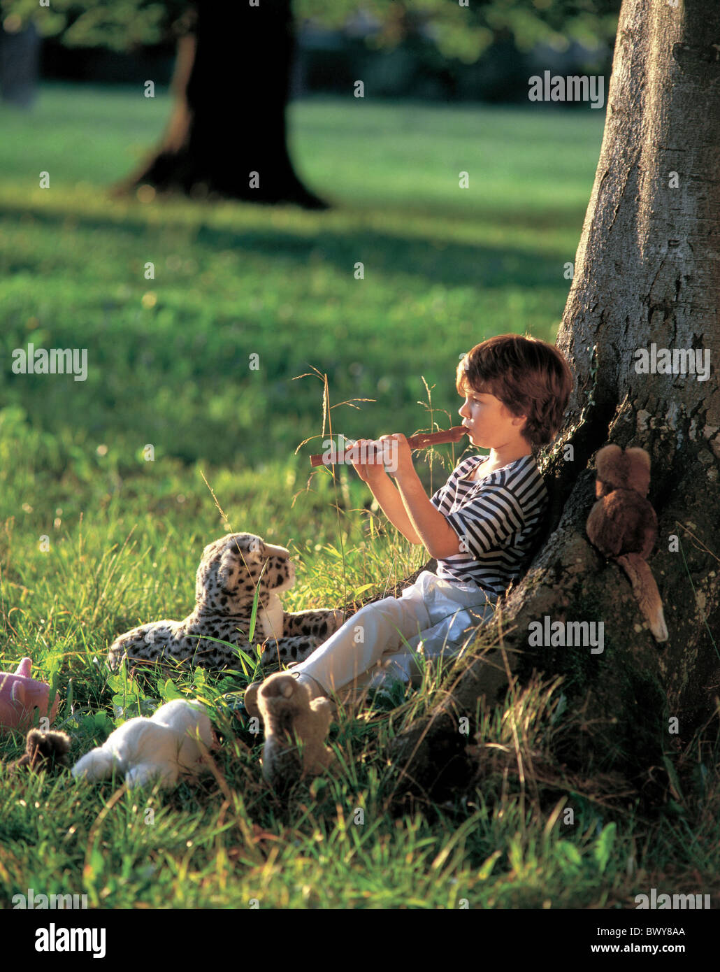 Garçon enfant enfants flûte musique nature animaux matériel extérieur à l'arborescence des peluches de l'enregistreur Banque D'Images