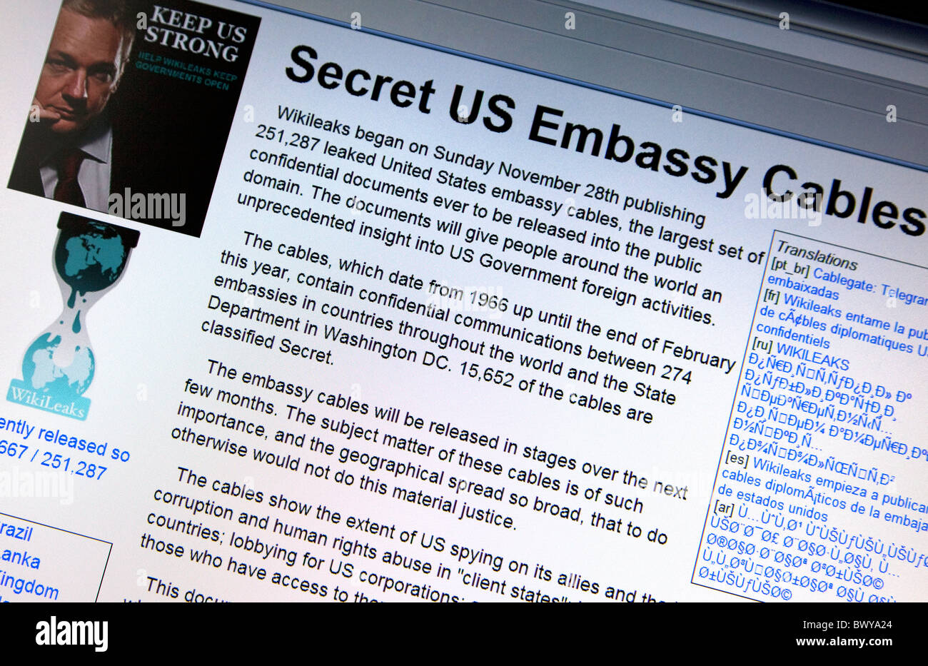 Site web : révélations de WikiLeaks de câbles diplomatiques américains Banque D'Images