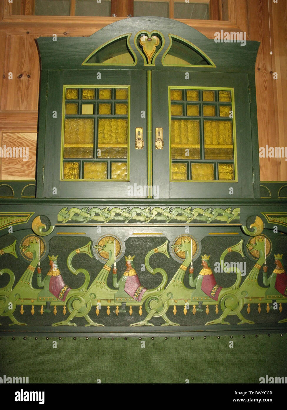 Détail d'un dossier de siège et le cabinet, dagestad museum, Voss, hordaland, Norvège. Banque D'Images