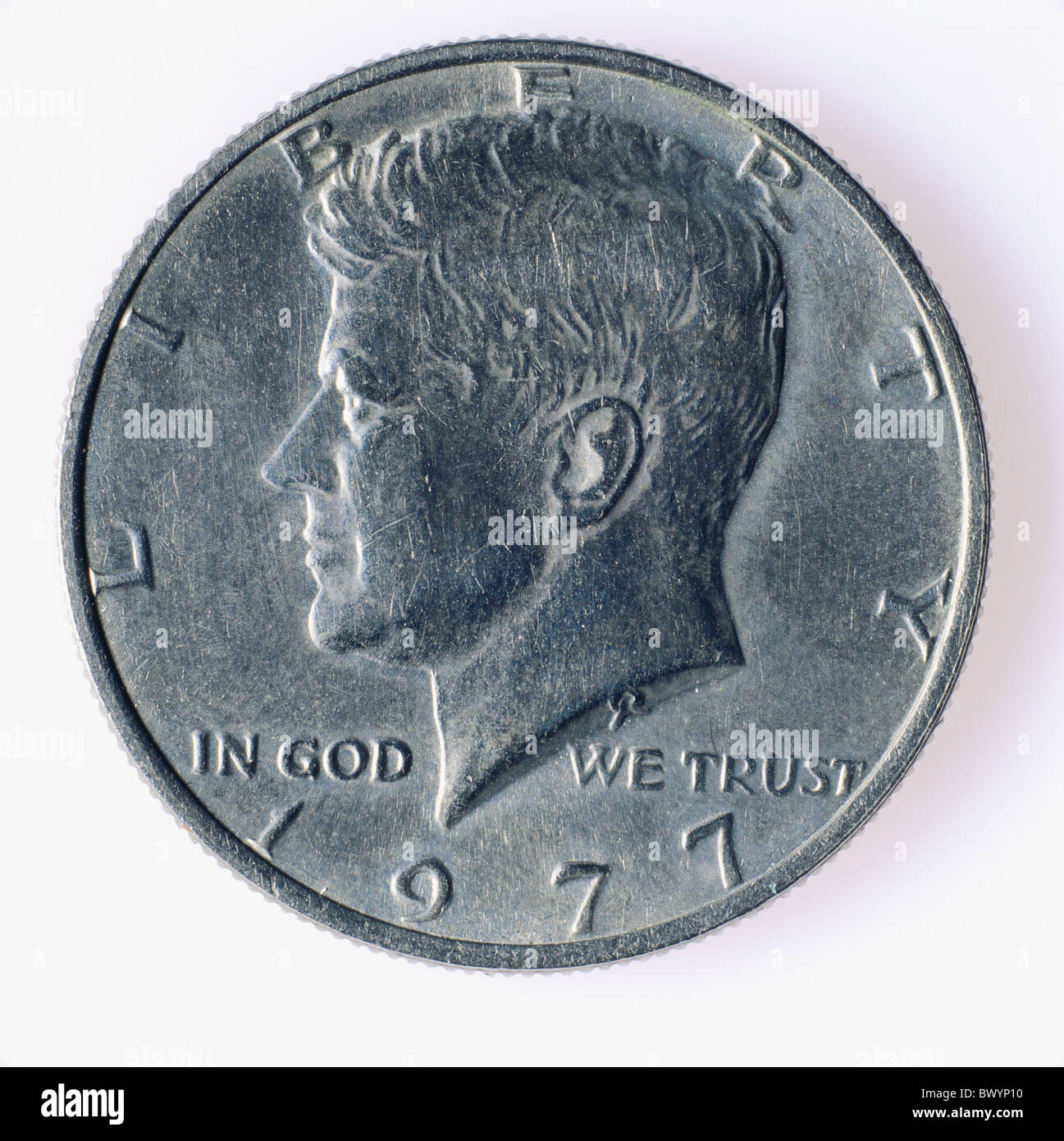 La moitié de l'argent dollar J. F. Kennedy metal coin studio USA Amérique du Nord Bureau de Banque D'Images