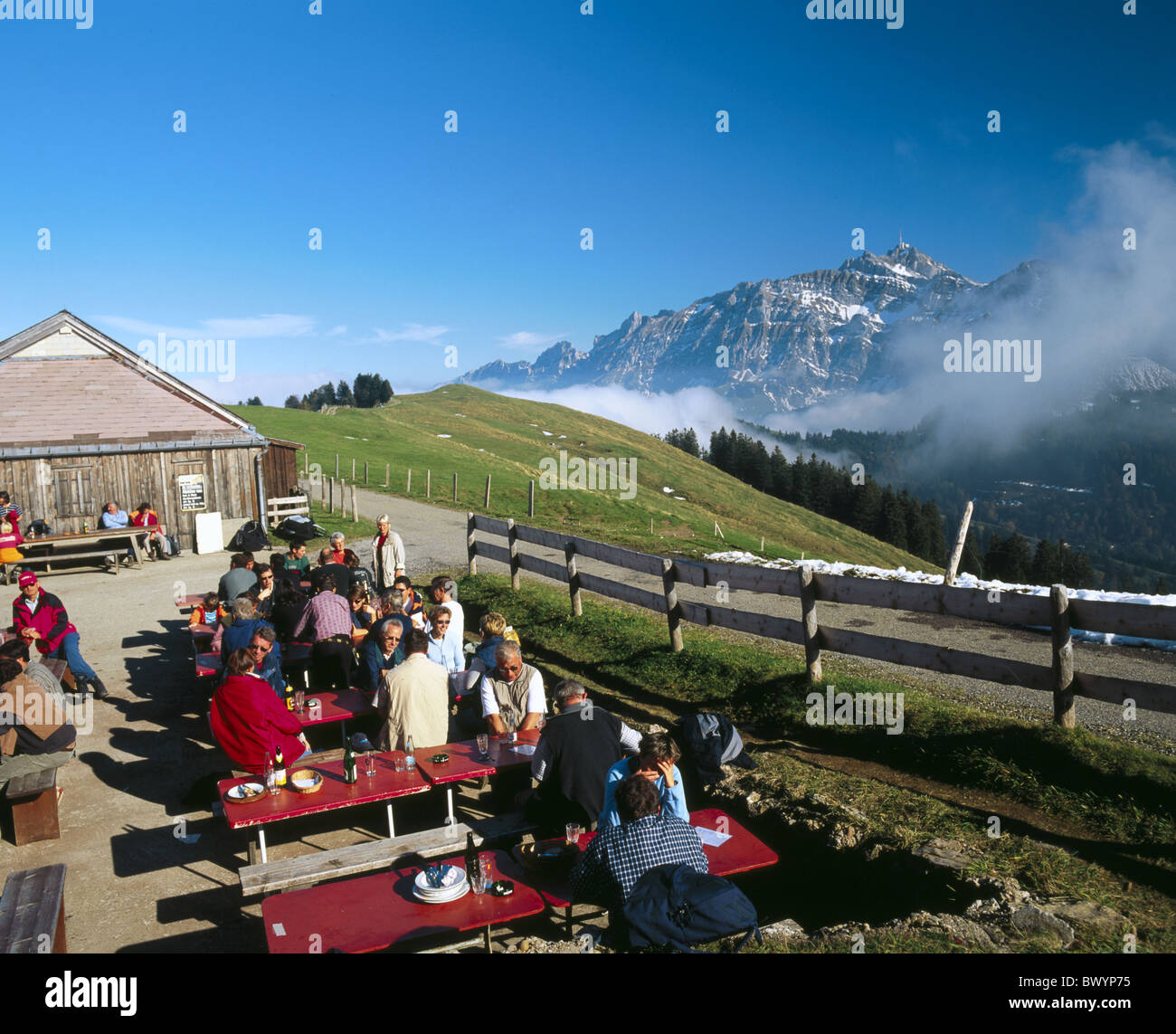 Alpstein Appenzell Rhodes-Extérieures vue montagne mountain restaurant Le restaurant haute société Feriensiedlung Solaria aucun modèle rel Banque D'Images