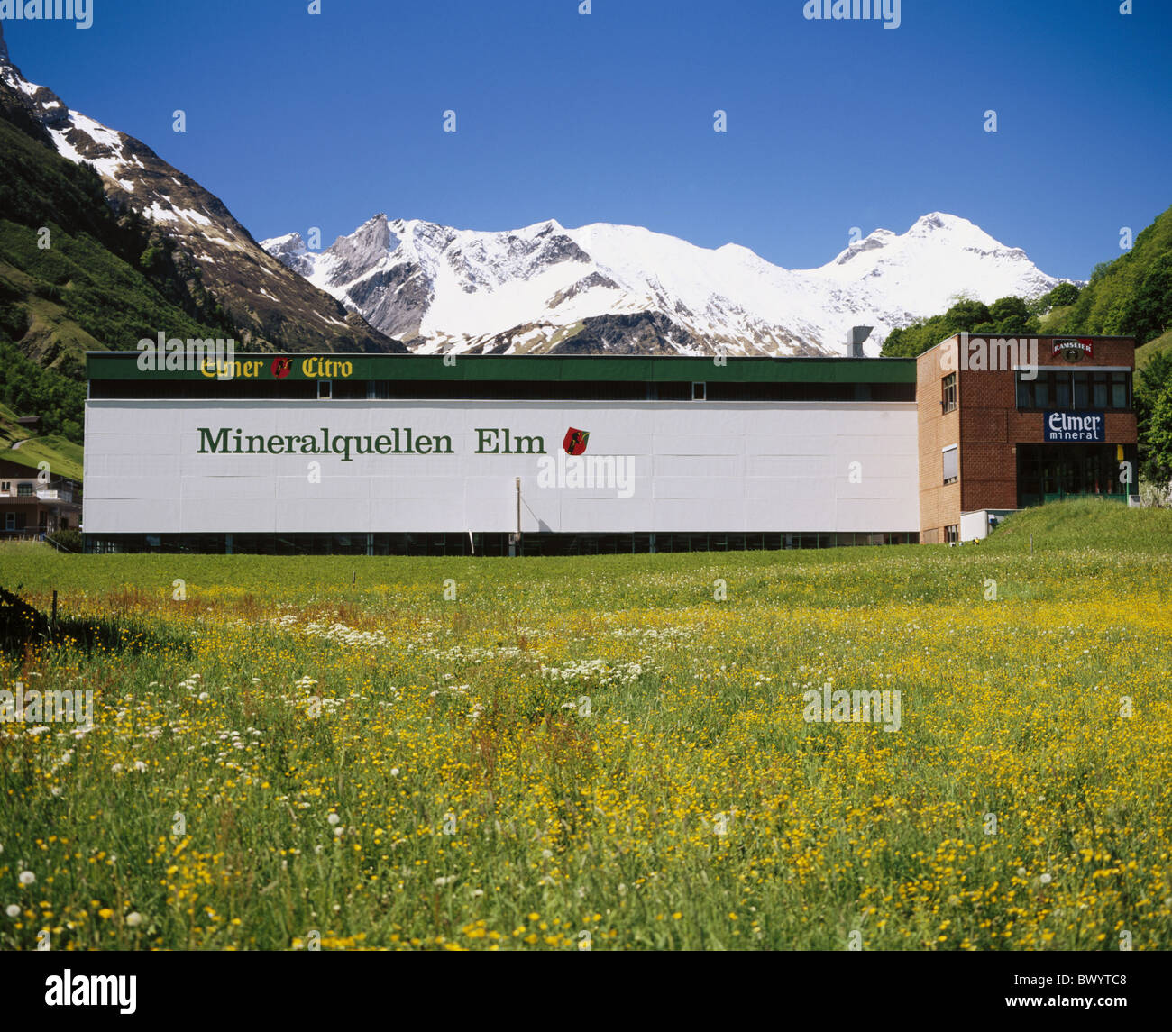 Alpes alpine flower meadow Elm Elmer Citro Aliments boissons construction usine indus hall Banque D'Images