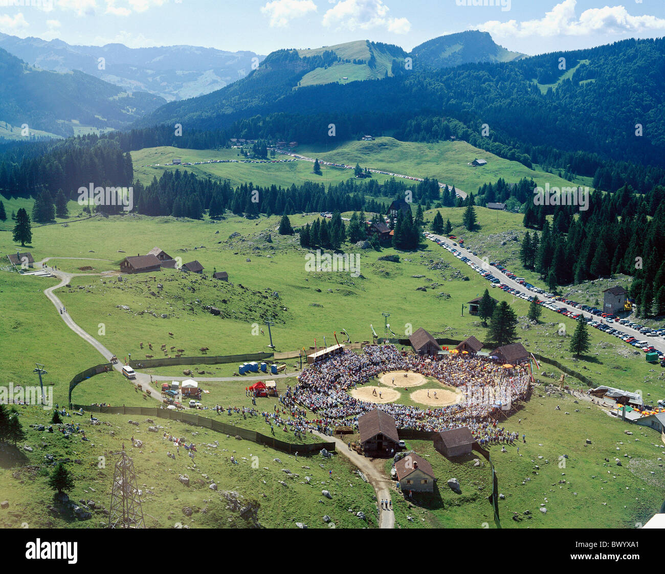 Tradition tradition folklore canton Appenzell Suisse paysage Europe Schwagalpschwinget Swiss wrestling Banque D'Images