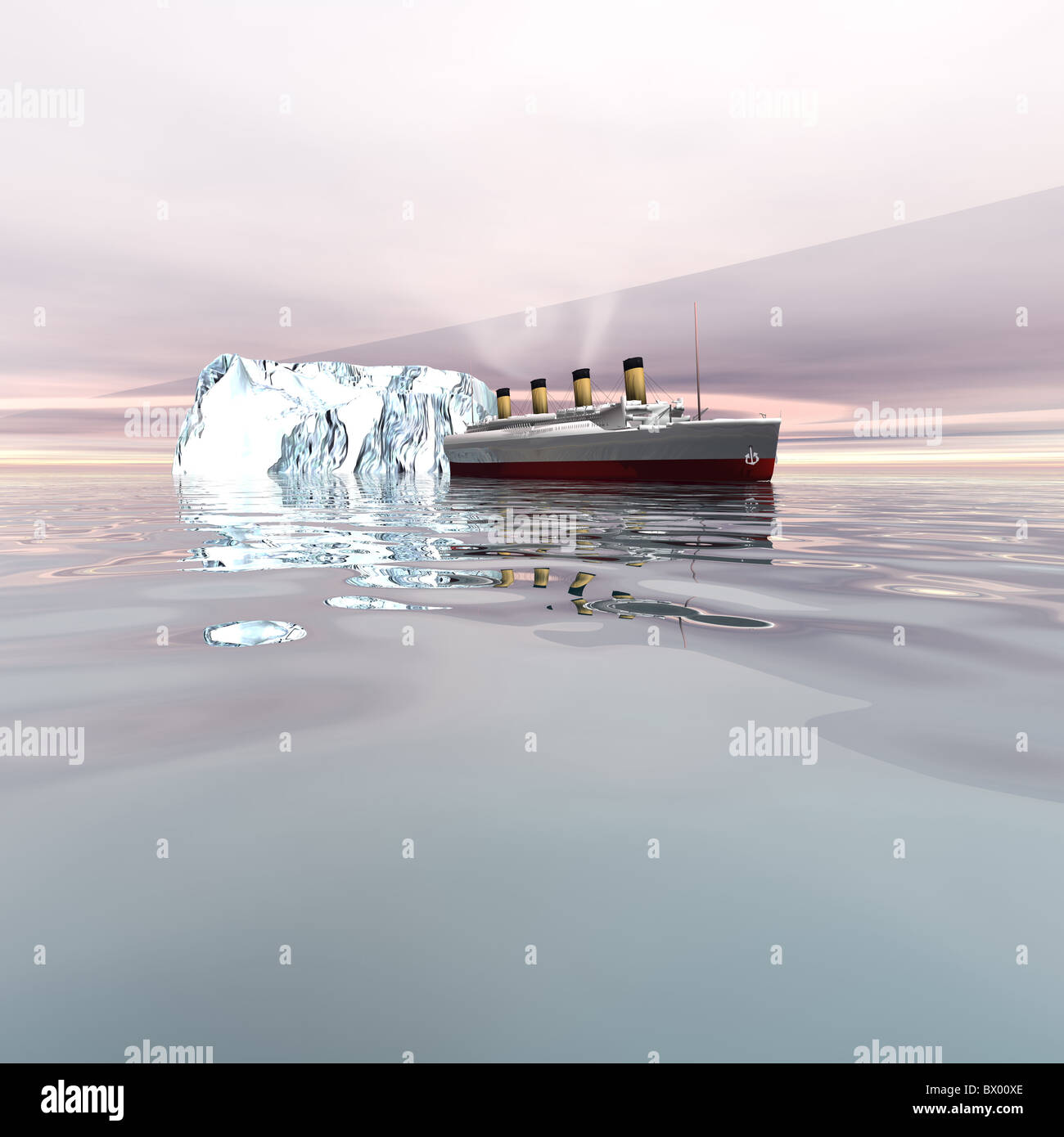 TITANIC - le magnifique paquebot près d'icebergs dans l'océan Atlantique nord. Banque D'Images