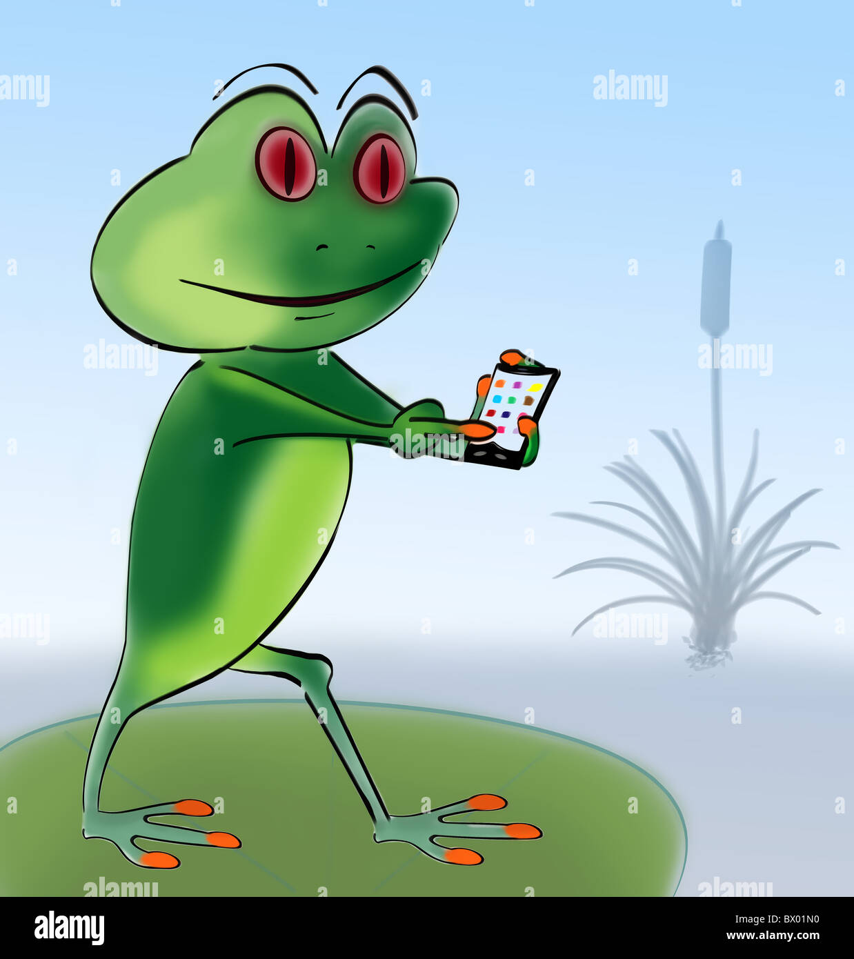Caricature de droit d'une grenouille à l'aide d'un smart mobile phone. Banque D'Images