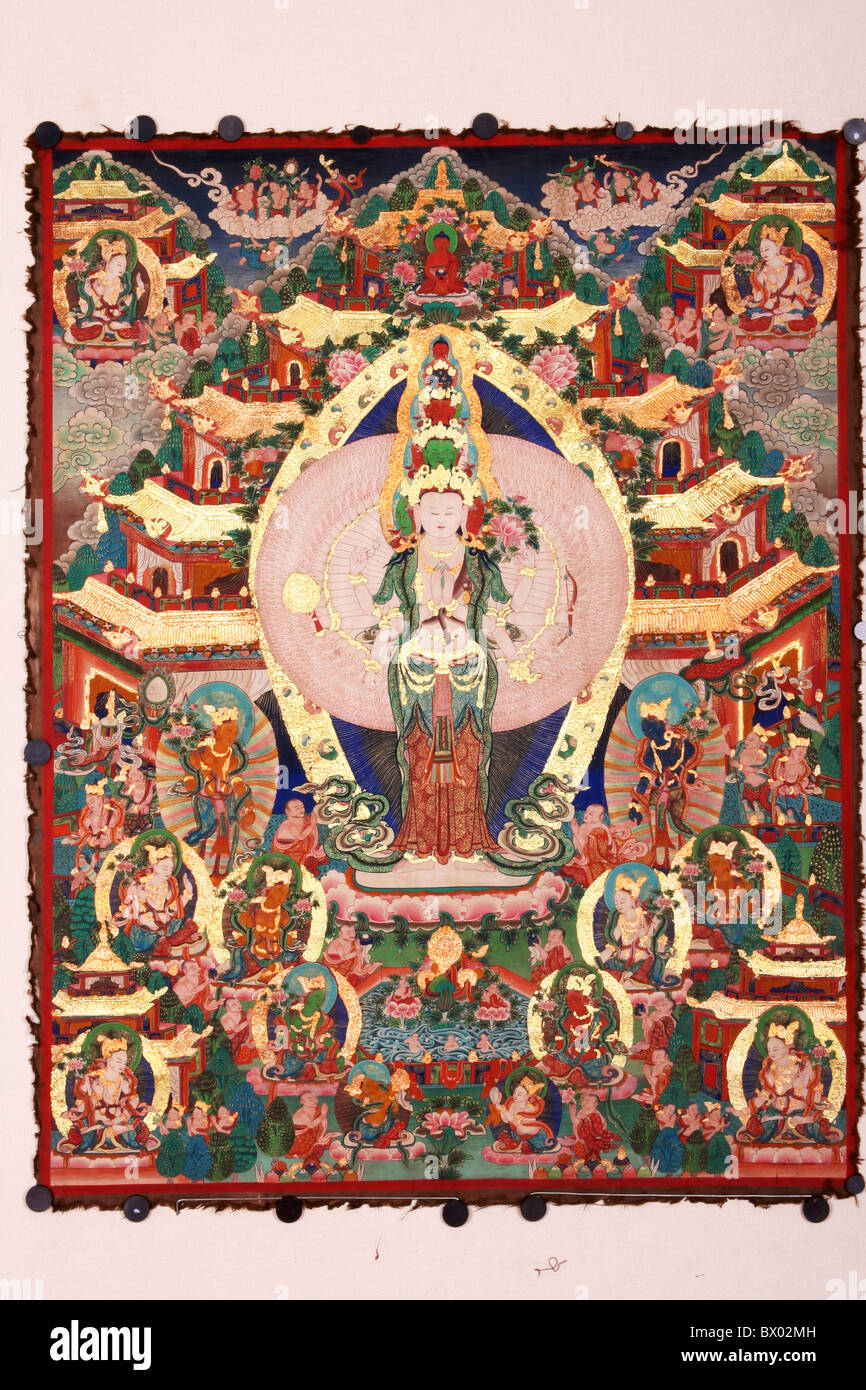 Tangka Avalokitesvara peint exquis, Tibet, Chine Banque D'Images