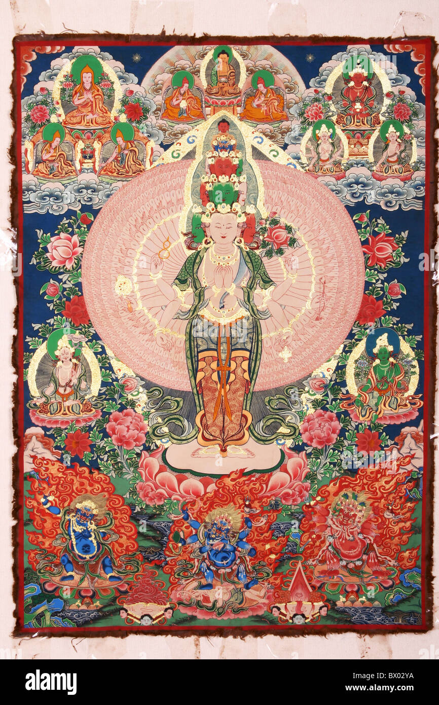 Tangka Avalokitesvara peint exquis, Tibet, Chine Banque D'Images