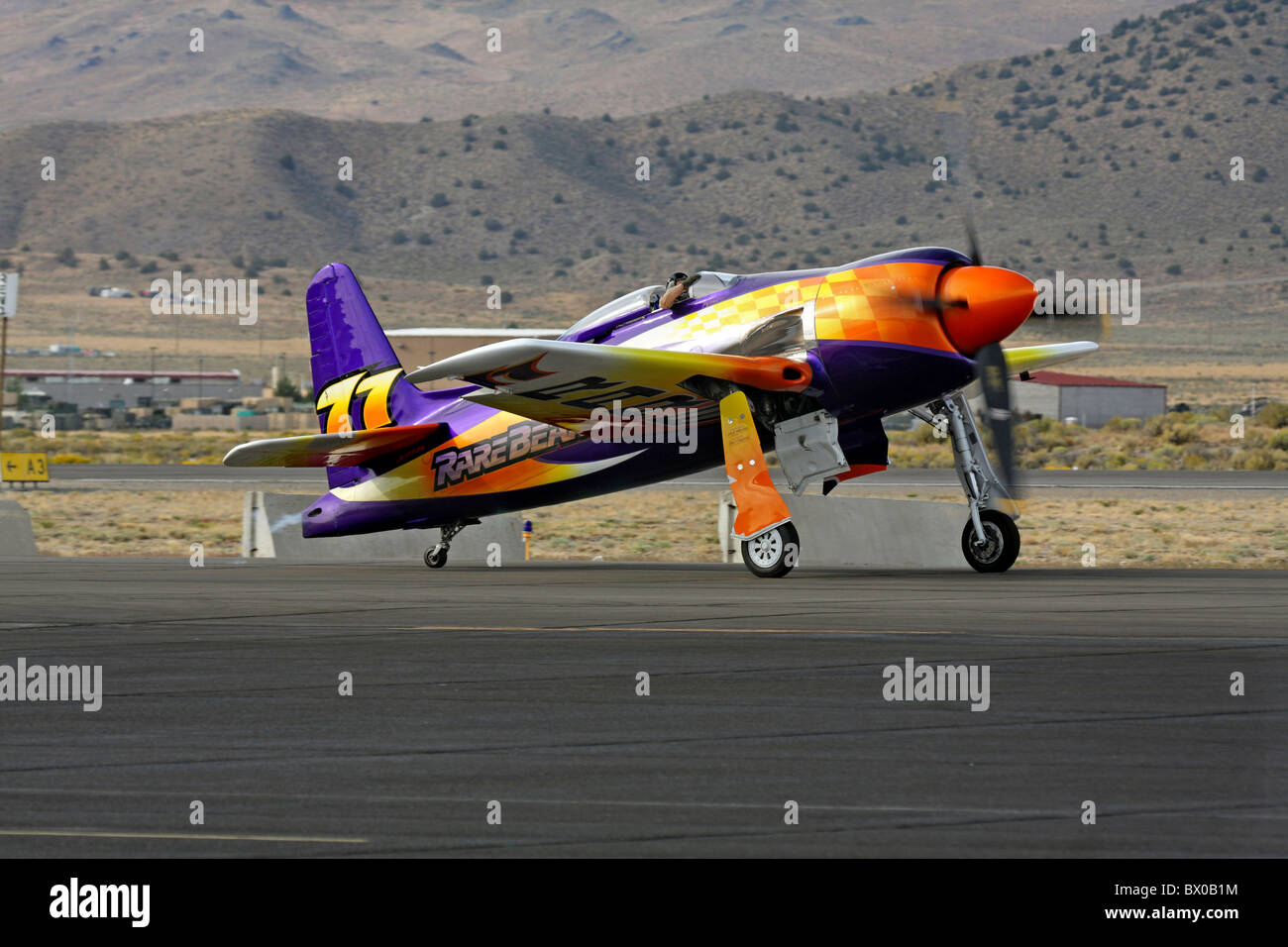 Rare Bear, piloté par John Penney, taxis après une course de qualification lors de l'édition 2010 du championnat national de Reno Air Races. Banque D'Images