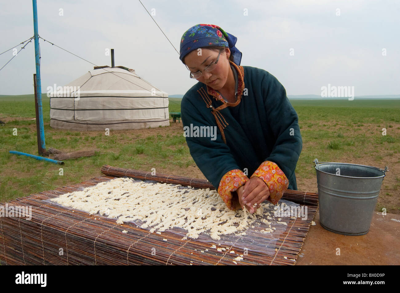 Barag Mongolian woman making le fromage au lait de brebis, ancienne bannière Barag, Hulunbuir, Mongolie intérieure, Chine Banque D'Images