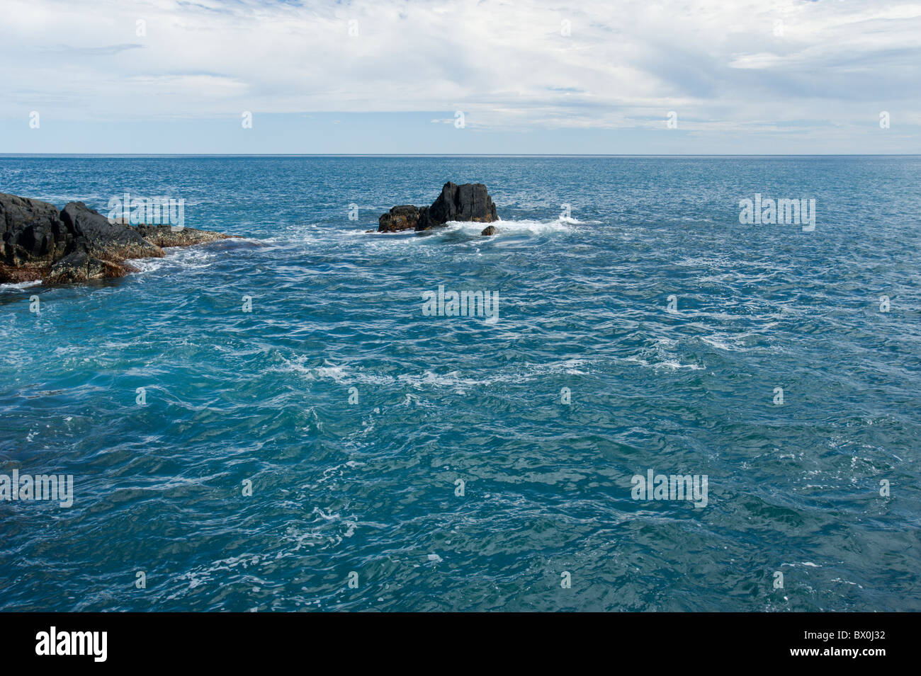 Rochers noirs briser le Grand Sud de l'océan au large de la côte de l'île Kangourou près de Black Point. Banque D'Images