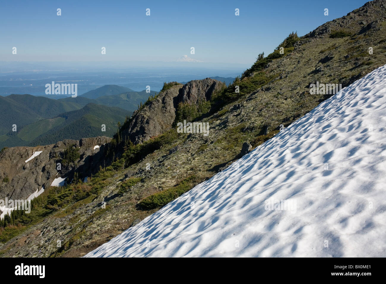 Neige de fin d'été sur le mont Townsend avec le mont Rainier en arrière-plan. Olympic National Forest Washington USA, par Larry Mishkar/Dembinsky photo Asso Banque D'Images