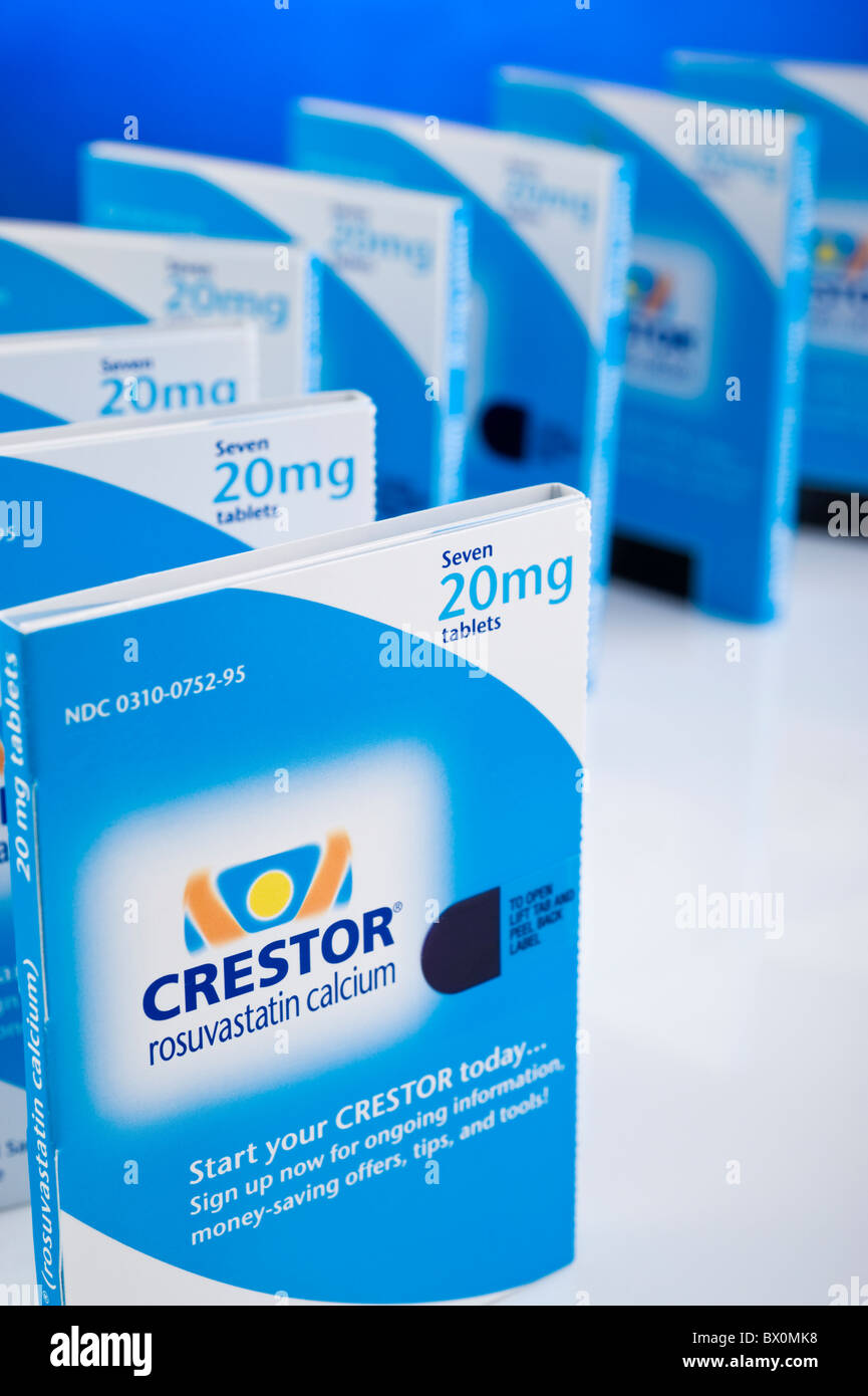 Le Crestor, comprimés de 20 mg de rosuvastatine calcique, un traitement pour le haut cholestérol. Banque D'Images