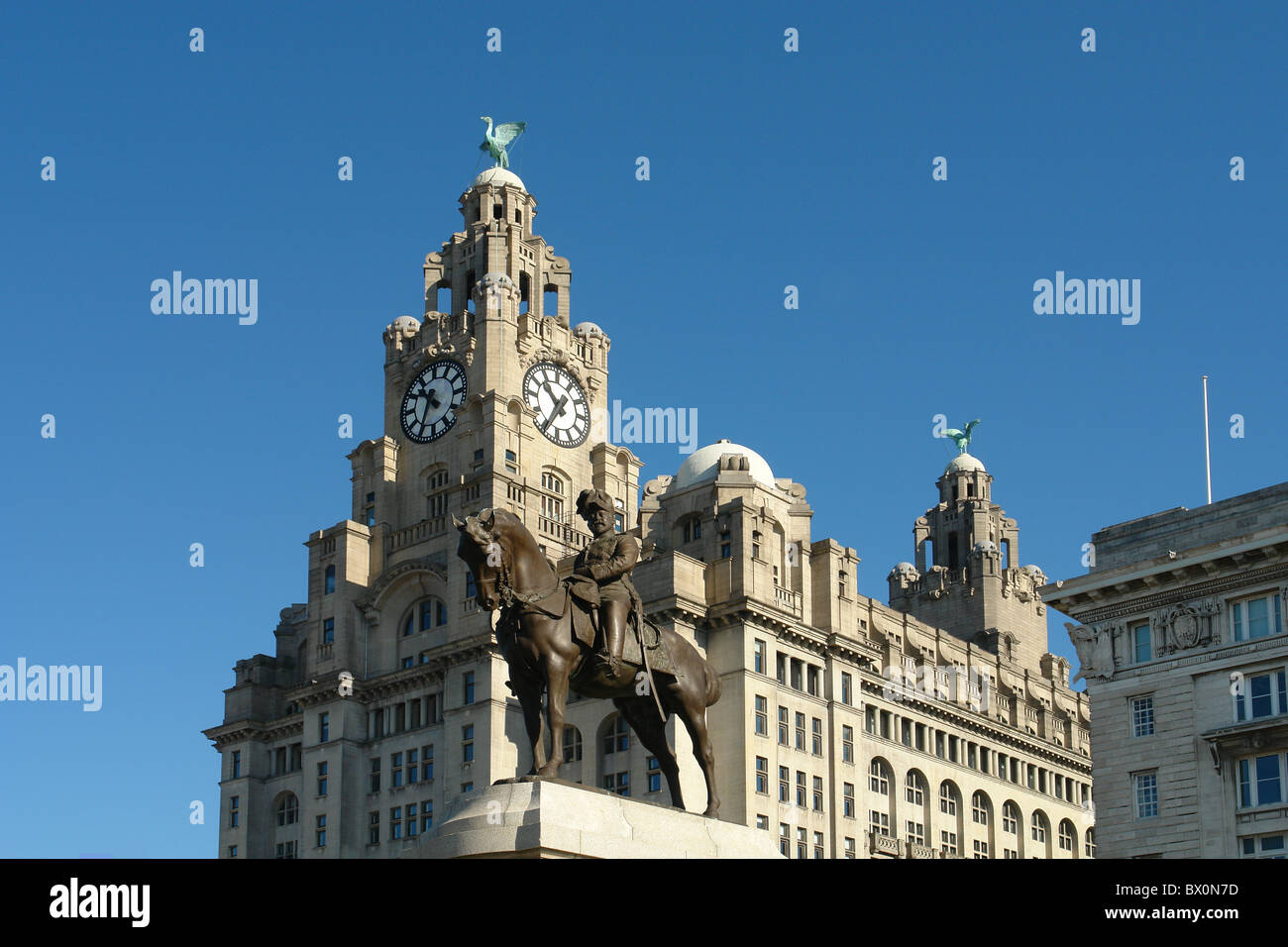 Statue d'Edouard VII à cheval en face du Royal Liver Building, Liverpool, Merseyside, au nord ouest de l'Angleterre, Royaume-Uni Banque D'Images