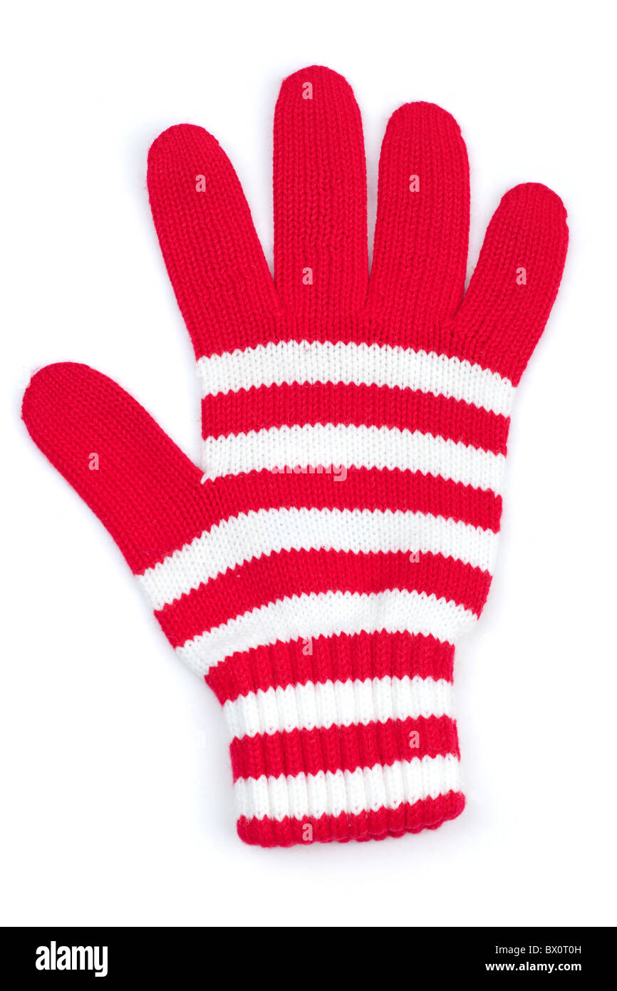 Rayé rouge et blanc gant polyester tricoté Banque D'Images