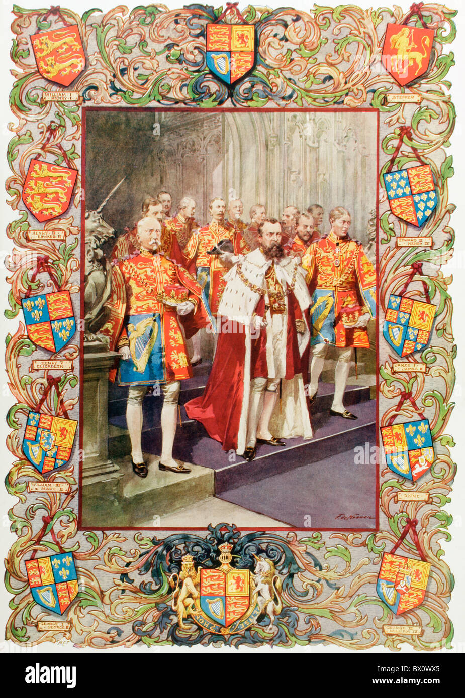 Le roi George V et les agents du collège des hérauts, lors de son sacre en 1910 Banque D'Images