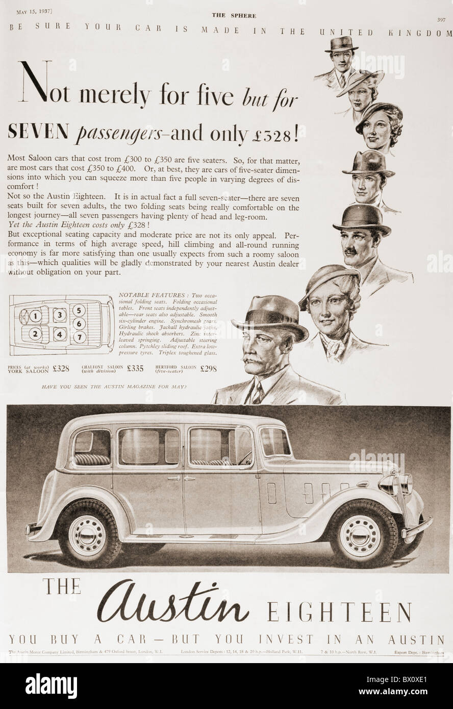 1937 publicité pour l'Austin 18 voiture. Du fichier SHPERE, Coronation Numéro de l'enregistrement, publié 1937. Banque D'Images