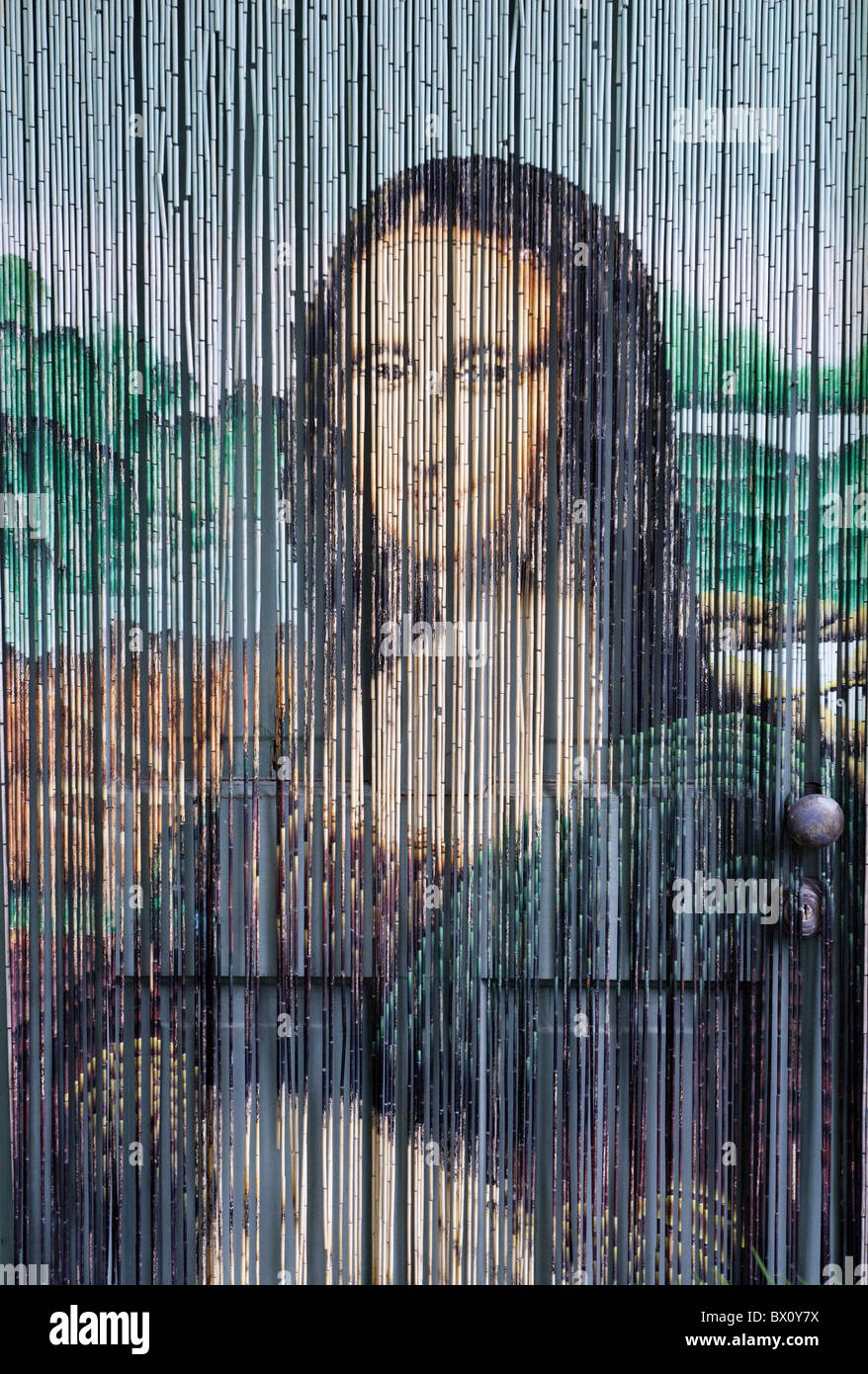 Leonardo da Vinci Mona Lisa sous la forme d'un rideau de perles à La Villita arts village, San Antonio, Texas, USA Banque D'Images