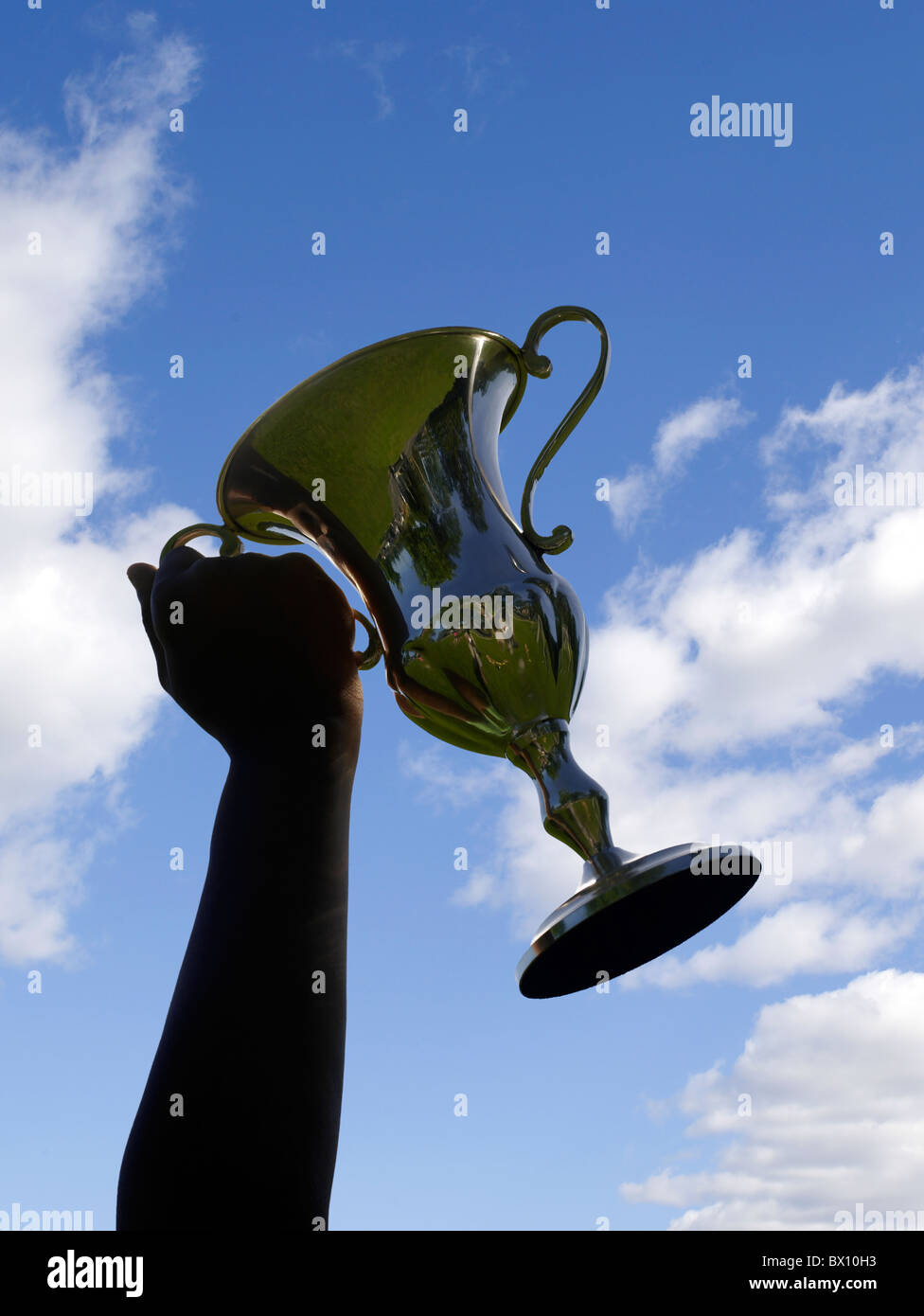 Une personne victorieuse tient une grande coupe de trophée brillante, silhouette sur un ciel bleu vif avec quelques nuages tortueux. Banque D'Images