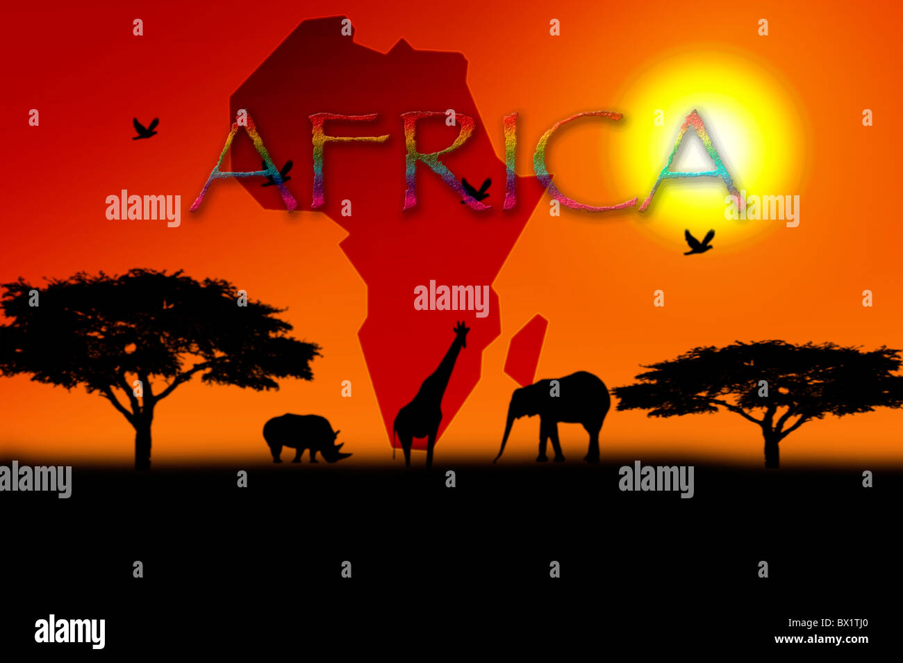 Illustration De La Coucher Du Soleil Sur Un Paysage Africain Avec Des Arbres Et Des Animaux En Silhouette Et La Carte Et Le Mot De L Afrique Photo Stock Alamy Illustration De La Coucher Du Soleil Sur Un Paysage Africain Avec Des Arbres Et Des Animaux En Silhouette Et La Carte Et Le Mot De L Afrique Photo Stock Alamy