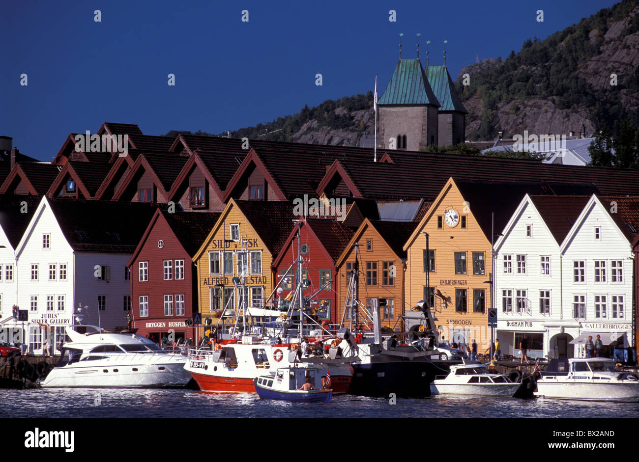 Bergen Bryggen Harbour trimestre dock area ville hanséatique historique Norvège Horizontal Patrimoine culturel Banque D'Images