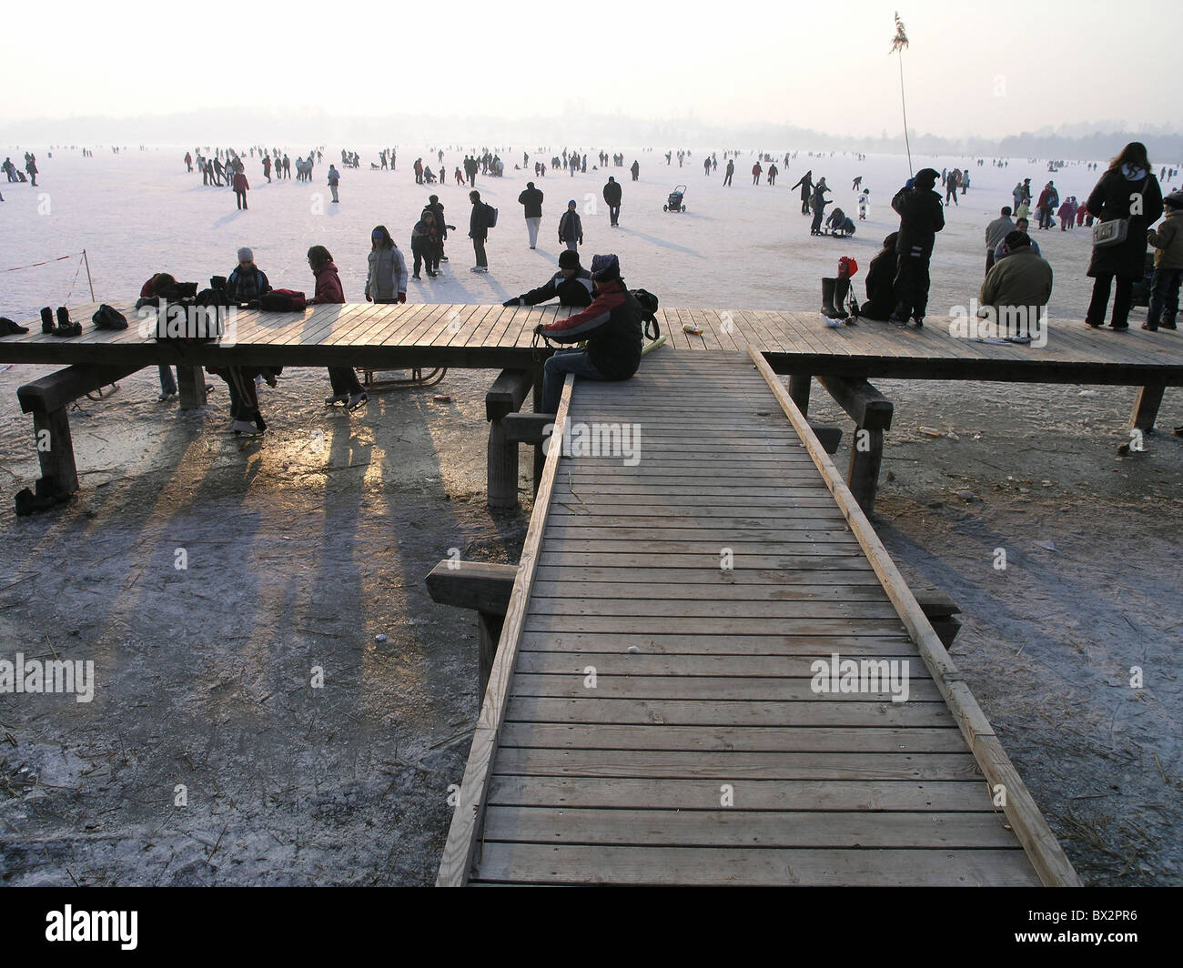 Pfaffikersee embarcadère lac gelé personne patinage libre patinage sur glace temps libre dans le Canton de Zurich Suisse E Banque D'Images