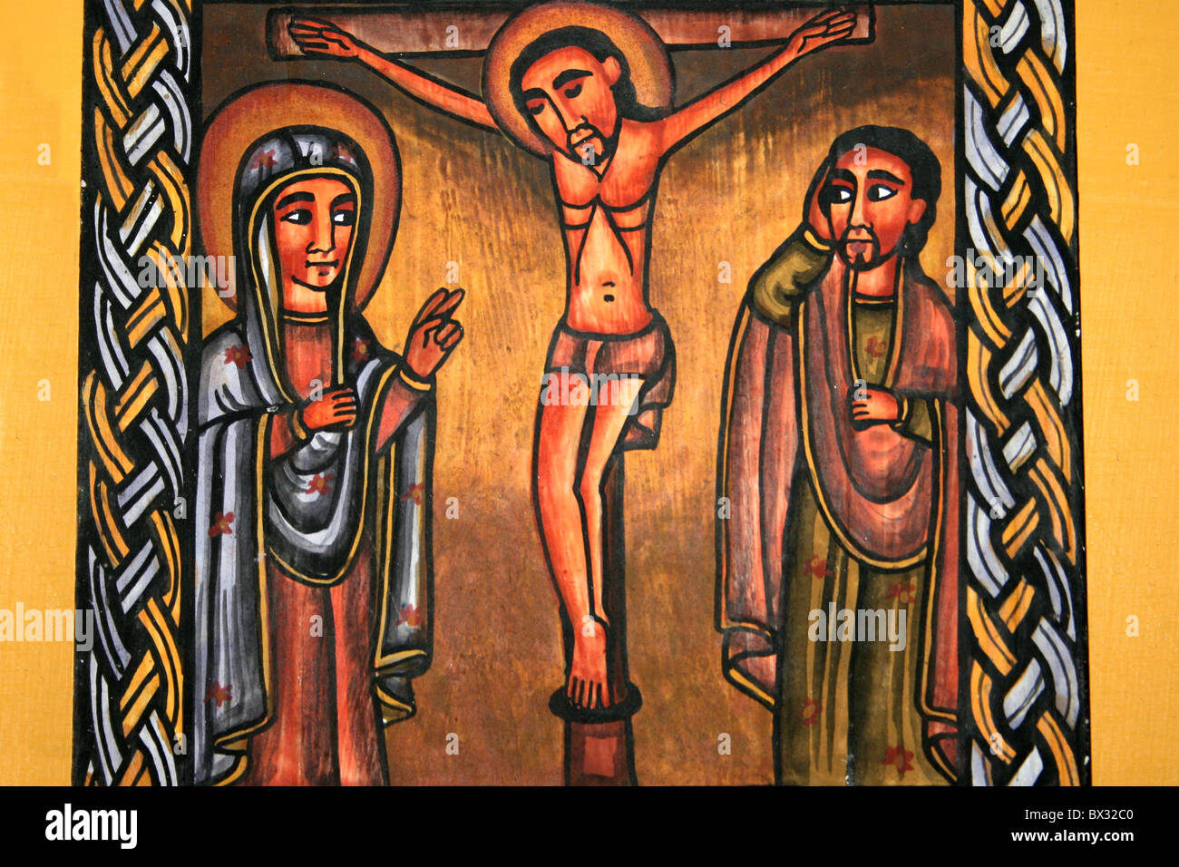 La peinture éthiopienne religieuses traditionnelles montrant le Christ sur la croix Banque D'Images