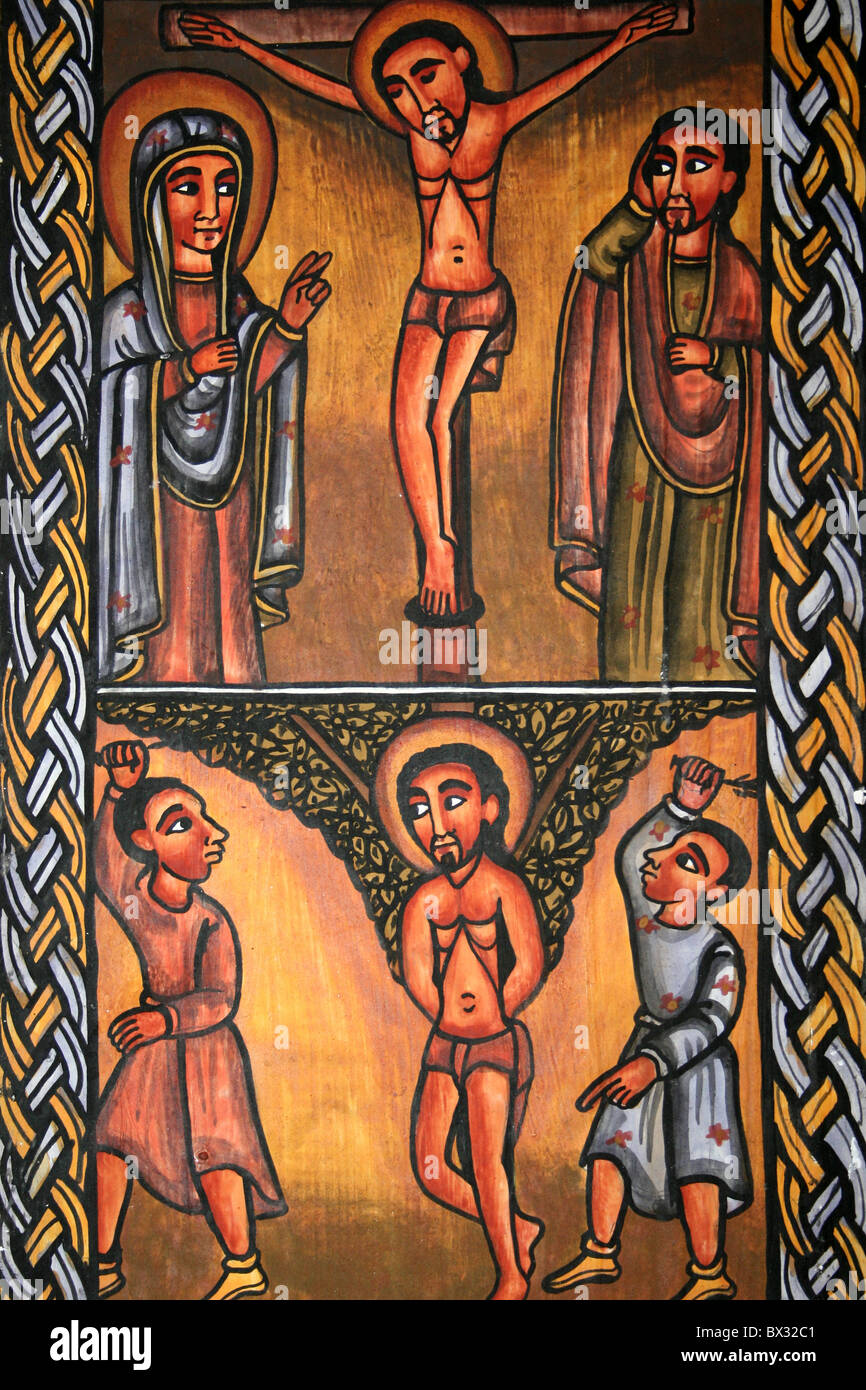 La peinture éthiopienne religieuses traditionnelles montrant le Christ sur la croix Banque D'Images