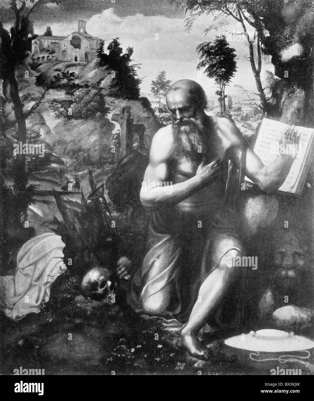 Saint Jérôme dans le désert ; après Giovanni Antonio Bazzi ou Le Sodoma ; noir et blanc Illustration ; Banque D'Images