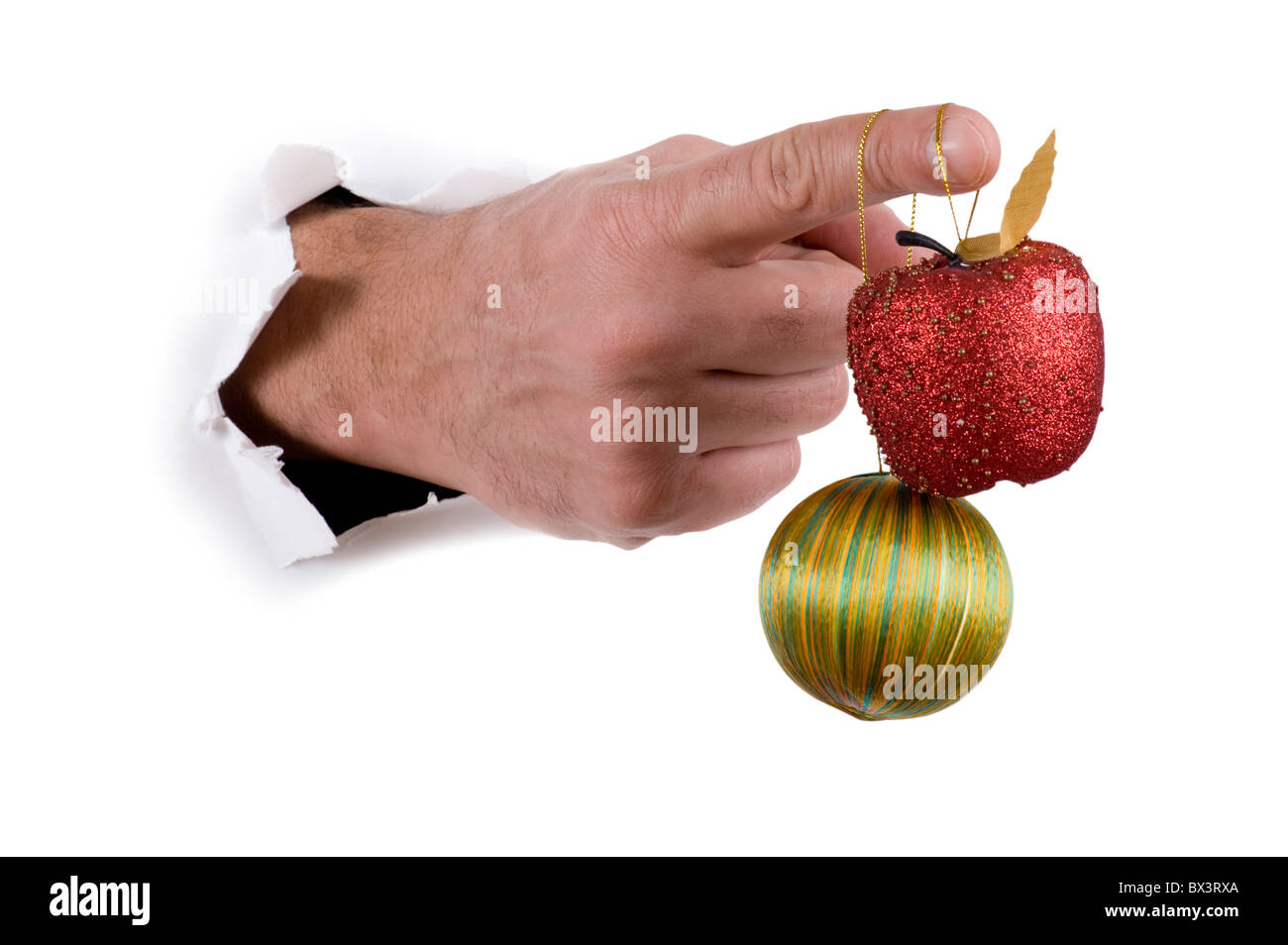 Objet sur blanc - la main avec des décorations de Noël Banque D'Images