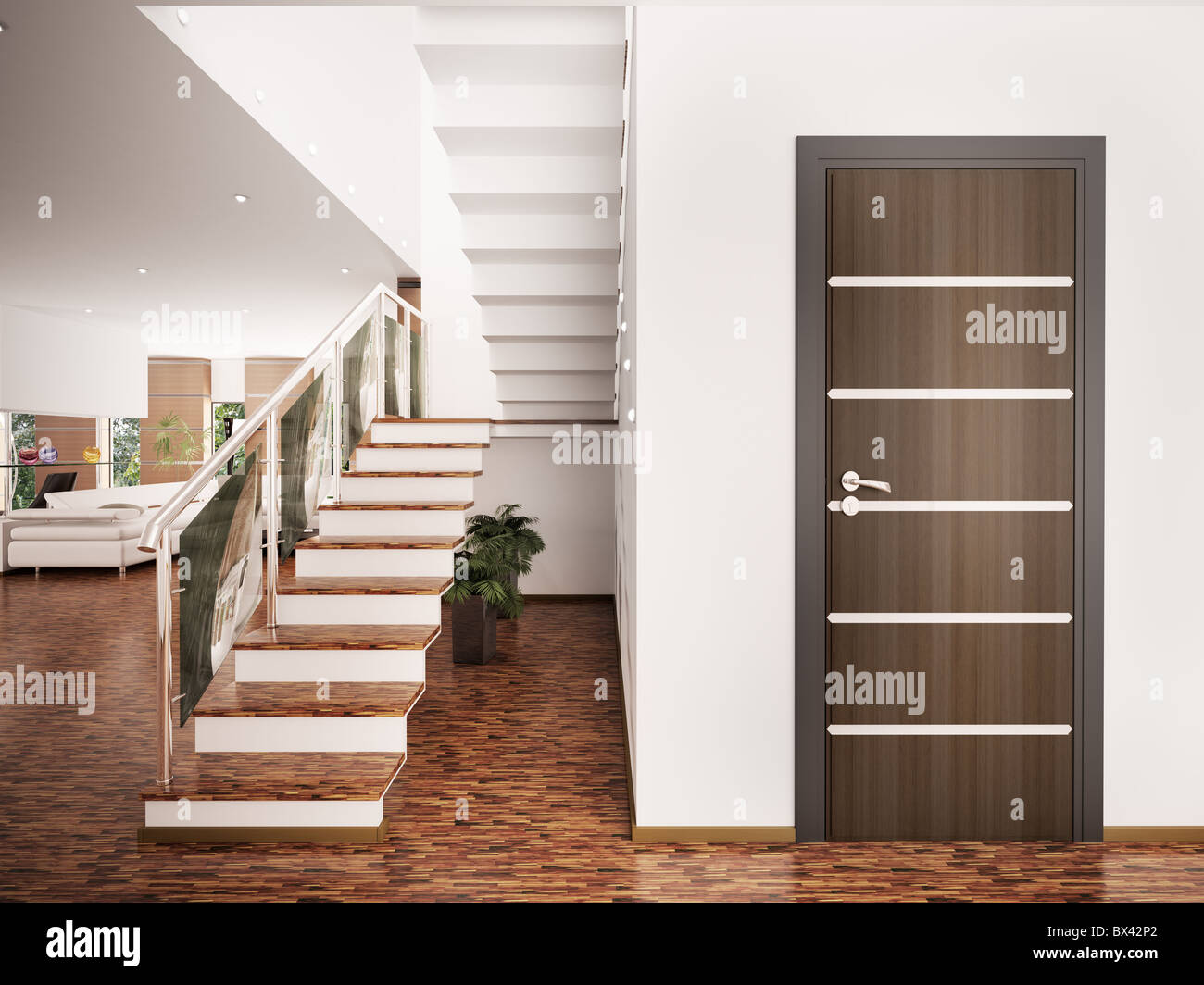 Intérieur du hall d'entrée avec escalier moderne 3D render Photo Stock ...
